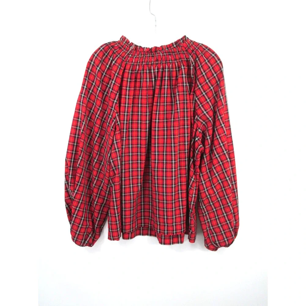 Old Navy Women XL Red Plaid Peasant Top Puff Sleeve Smocked Modal Blouse